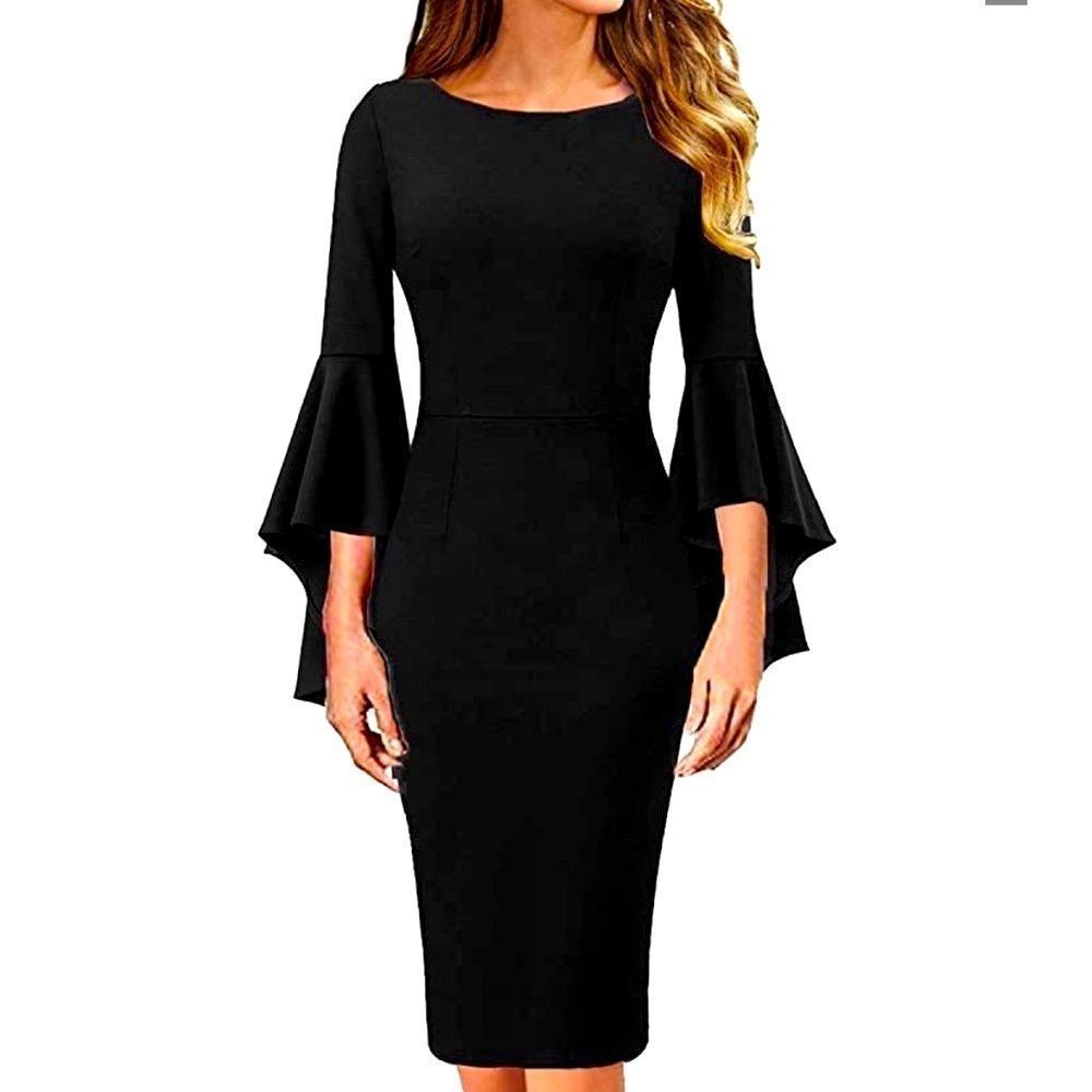 NWT! BOUTIQUE BLACK BELL SLEEVE BODY-CON MIDI DRESS-MEDIUM